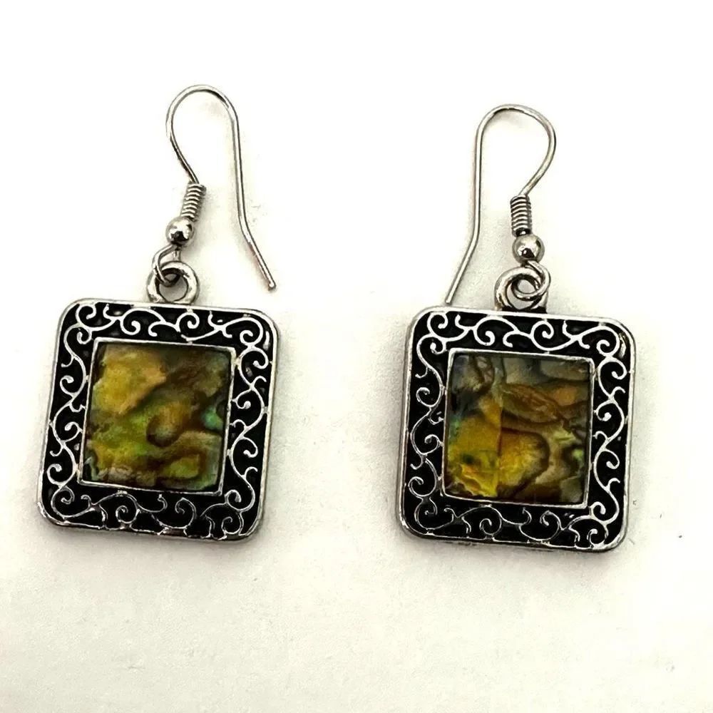 Silver tone abalone square drop earrings
